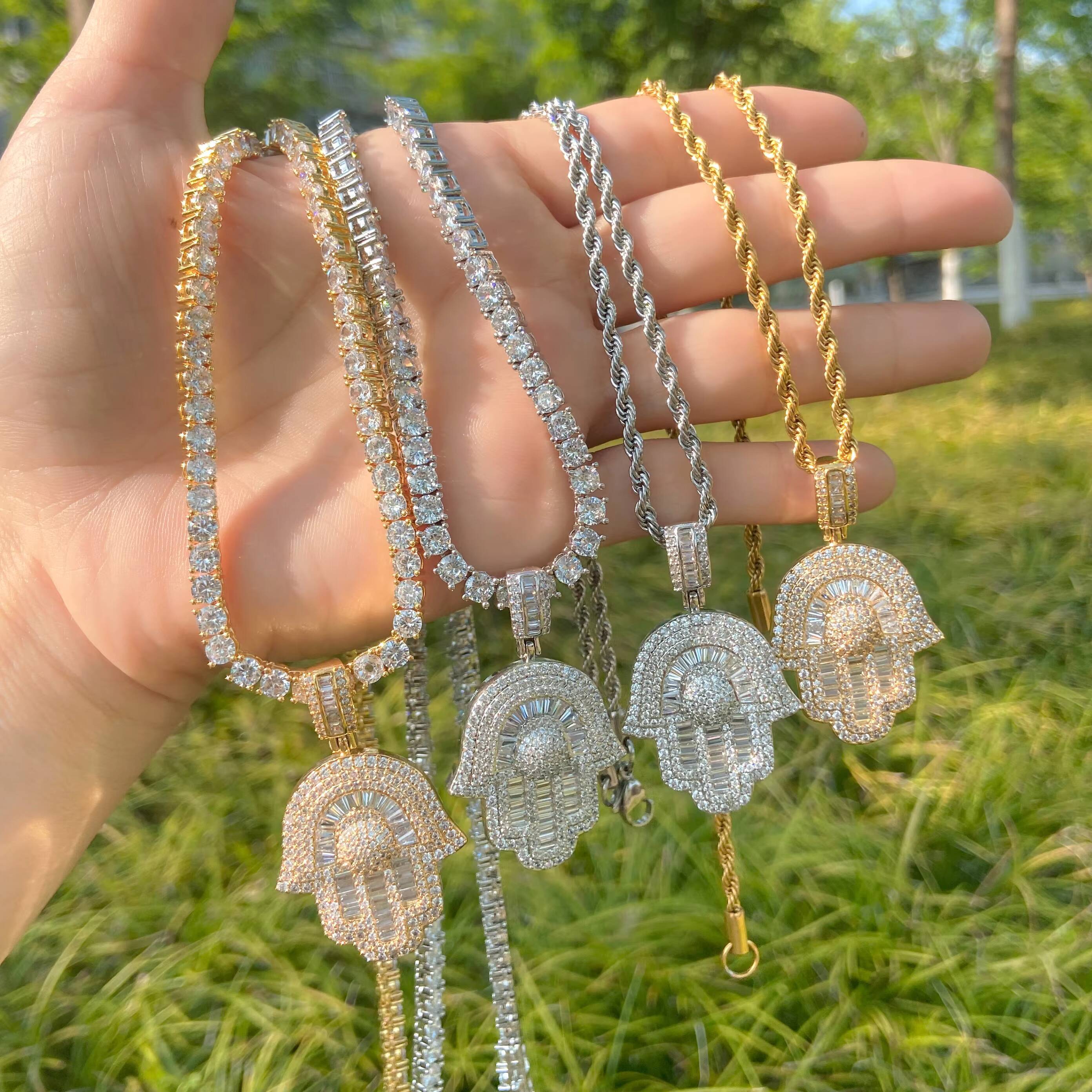 Hip Hop Antique Pendant Charms Gold Crystal Stone Iced Baguette Hamsa Hands Brass Necklace with Zircon Paved Hand Jewelry Making