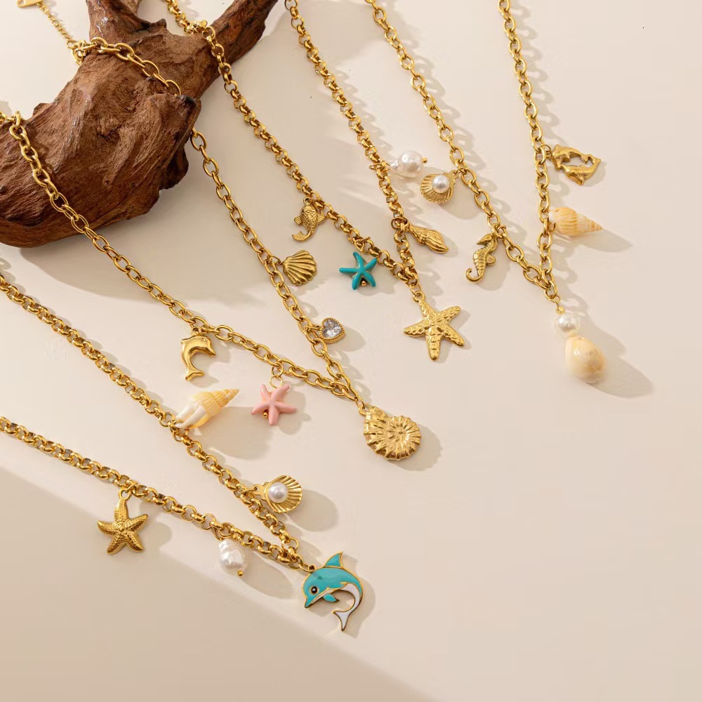 Ocean Series Pearl Starfish Turtle Pendant Stainless Steel Long Necklace Non-Fading Collarbone Chain for Women ddmythur