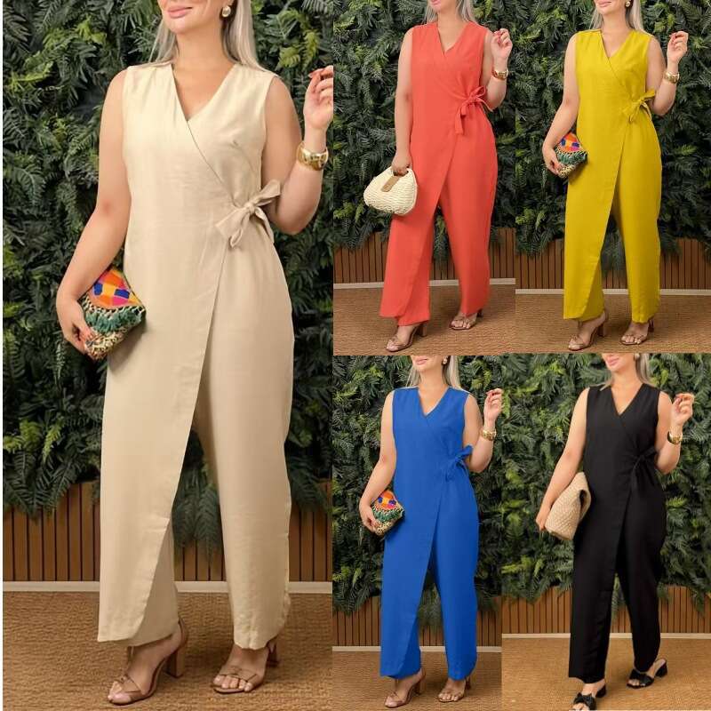 2025 Spring Summer New Cross-Border Trade Independent Station Women's Solid Color Casual V-Neck Tie Jumpsuit