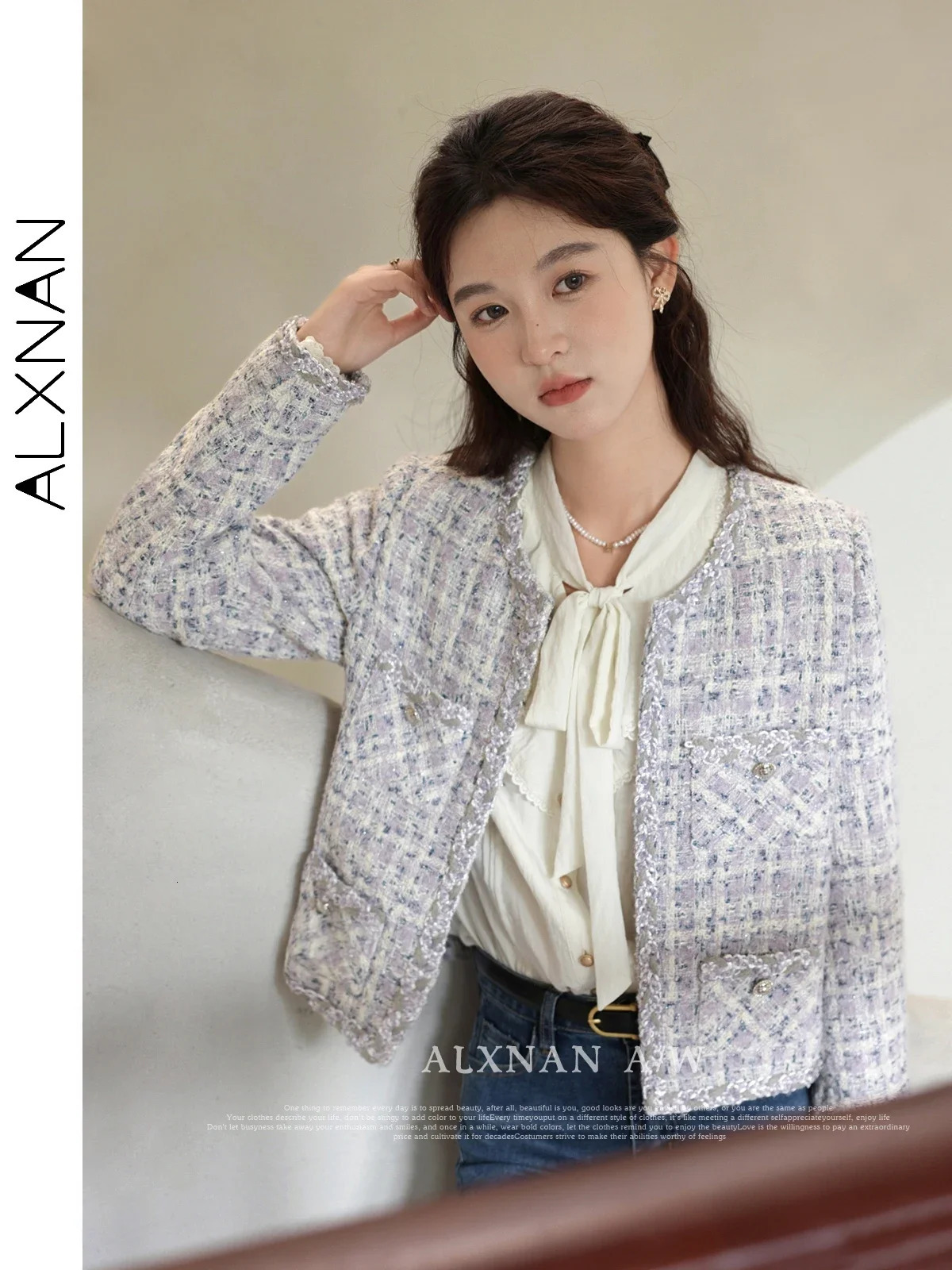 ALXNAN Womens Oneck Cropped Tweed Jacket Autumn Winter Straight Single Breasted Long Sleeve Coat Sold Separately LXN31307 250728