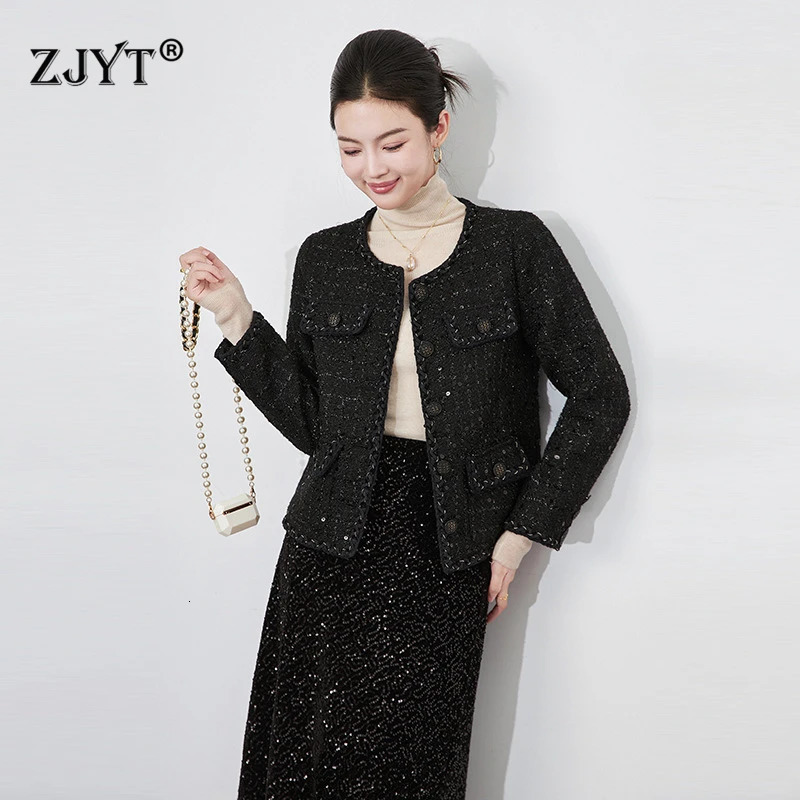 ZJYT Elegant Ladies Black Tweed Woolen Jacket for Women Womens Clothing Winter Coat Single Breasted Outerwear Jacket 250728