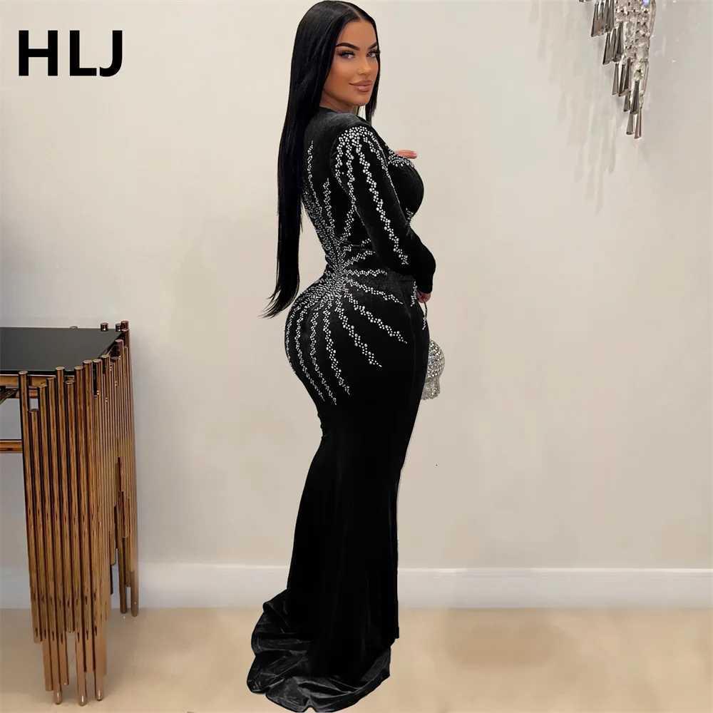 HLJ Fashion Pearls Rhinestones Deep V Bodycon Party Club Dresses Women Round Neck Long Sleeve Velvet Dresses Sexy Mermaid Dress Z250728