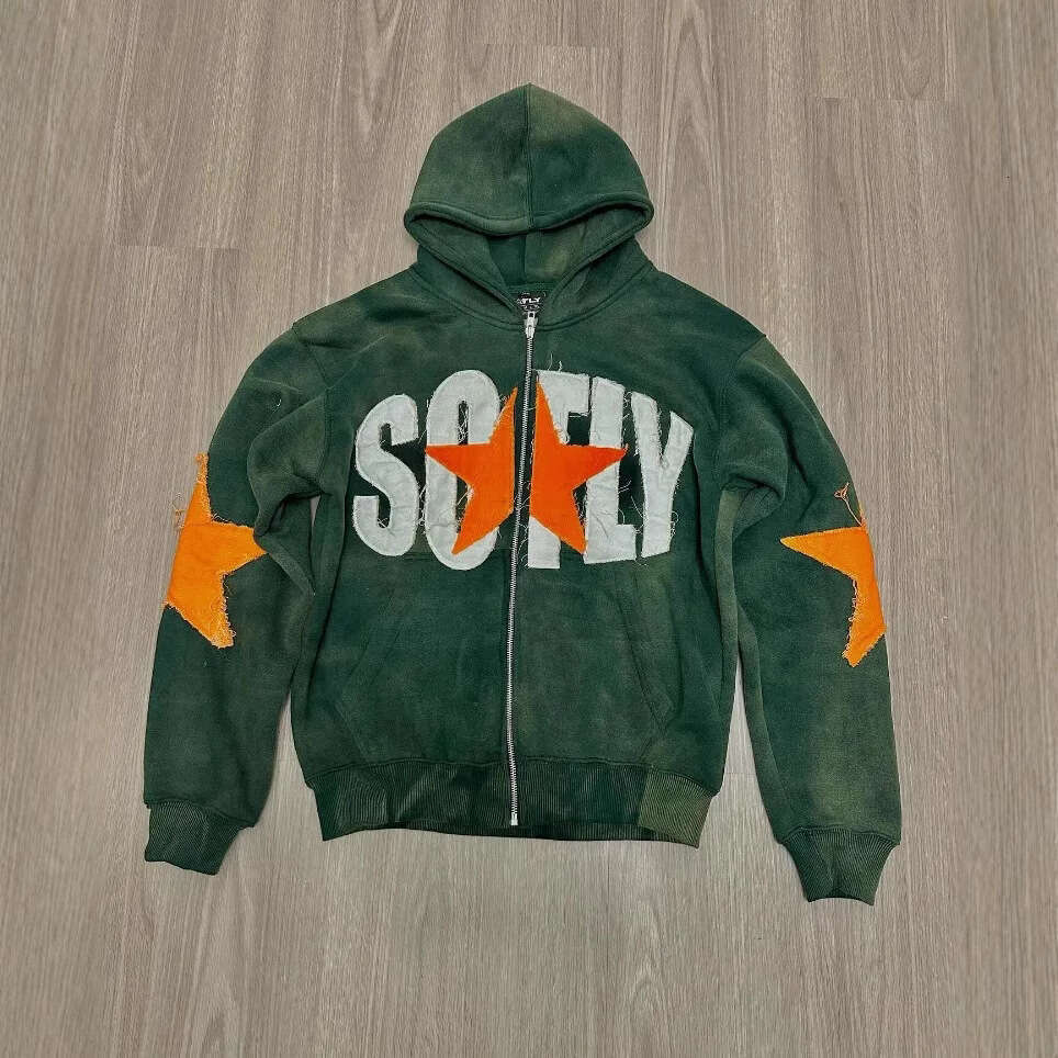 2025 New Trendy Brand Casual 103D Digital Print Five-Pointed Star Zipper Cardigan Short Hooded Sweatshirt Loose Jacket