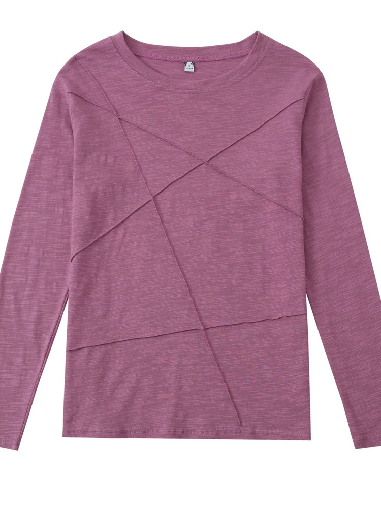 Autumn Long Sleeve Women ONeck Bamboo Cotton TShirt Elegant Loose Ribbed Fashion Tee Shirt Simple Ladies Tops 250728