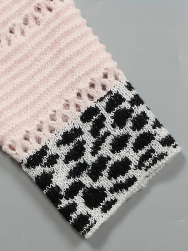 Plus Size Womens Autumn and Winter Pop Hooded Leopard Print Color Block Sweater Casual Style Acrylic Material 250728