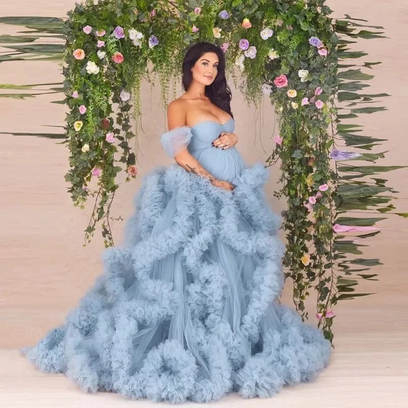 Cascading Ruffles Blue Maternity Dress To Photography Off The Shoulder A Line Pregnancy Gowns Custom Made Plus Size Special Ocn Dresses