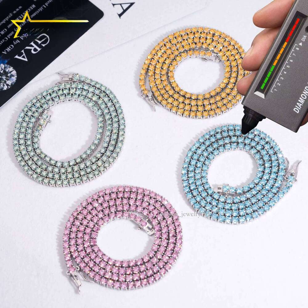 Pass Tester Hip-Hop 4mm Blue Green Pink Gold Sier Chalcedony Tennis Chain