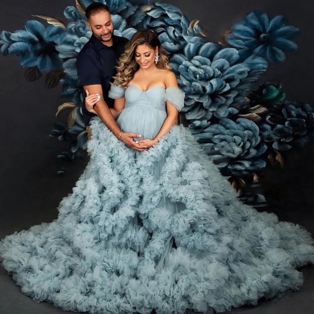 Cascading Ruffles Blue Maternity Dress To Photography Off The Shoulder A Line Pregnancy Gowns Custom Made Plus Size Special Ocn Dresses