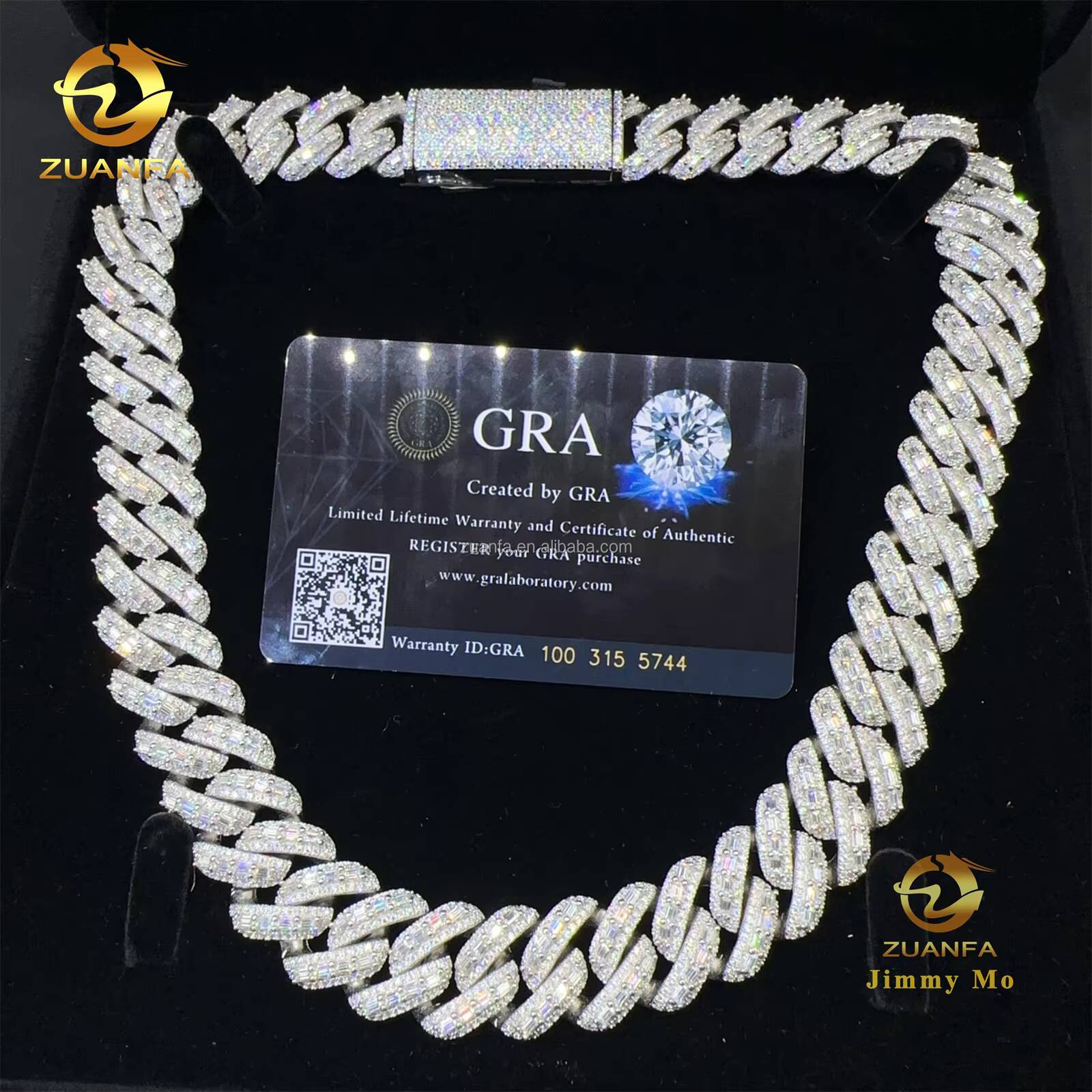 18mm Three Row Stone Luxury Rapper Jewelry 925 Solid Silver Iced Out Hip Hop Baguette Moissanite Diamond Miami Cuban Link Chain