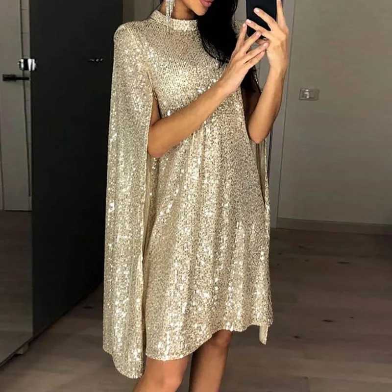 Sexy Party Sequin Glitter Dress For Women O Neck Sequins Cloak Sleeves Elegant Dress 2025 Z250728