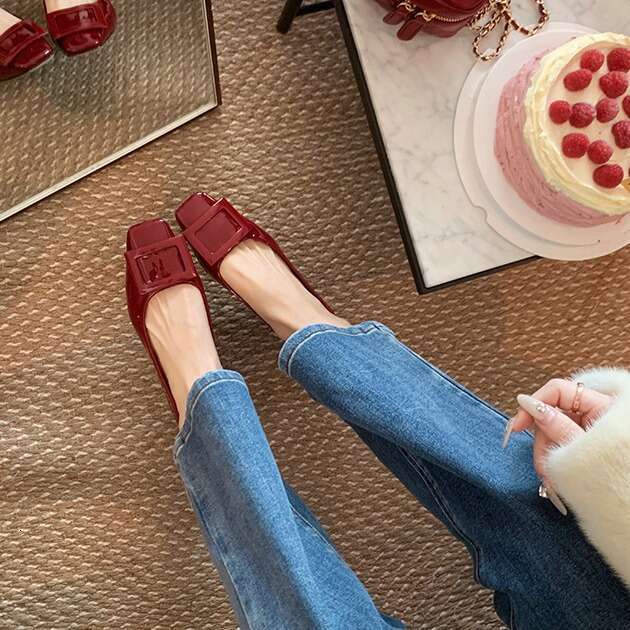 Designer Same Classic Buckle Commuter Chunky Gentle Style Square Toe Elegant Temperament High Heel Single Shoes Spring