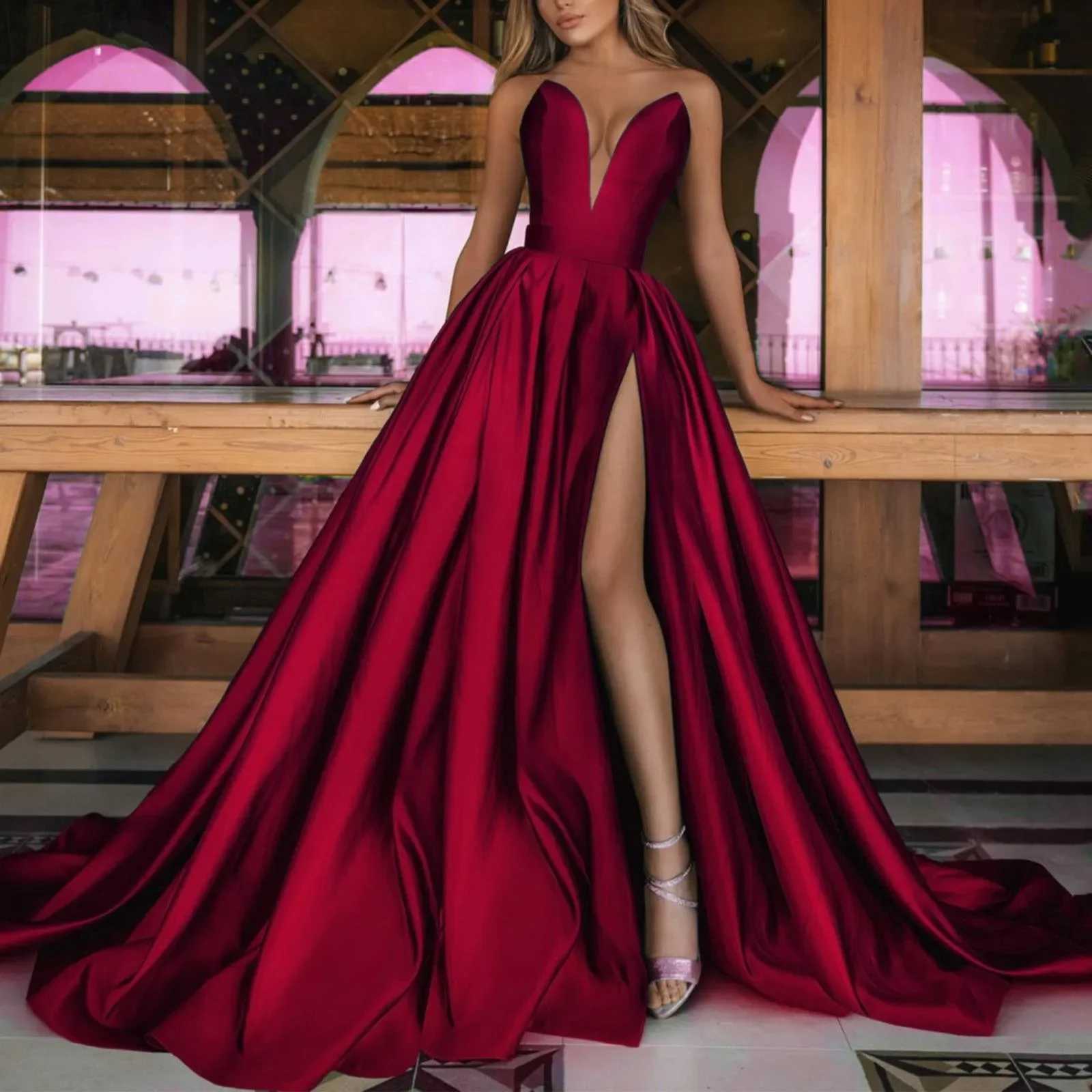 BWQ Womens Shoulderless Dresses Satin Prom Dresses Elegant Temperament Long Evening Gown Floor-Length Dresses Vestidos Z250728