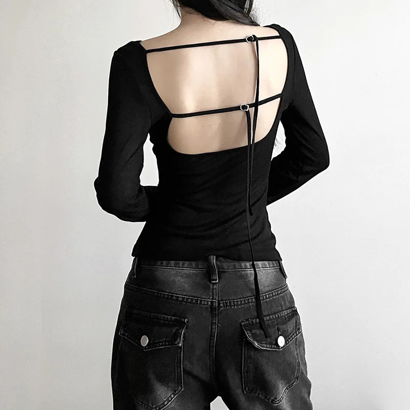 Women Autumn Longsleeved Slash Neck Crop Tops Elastic Sexy Slim Backless Tshirts Female Fashion Laceup Solid Top Tees 250728