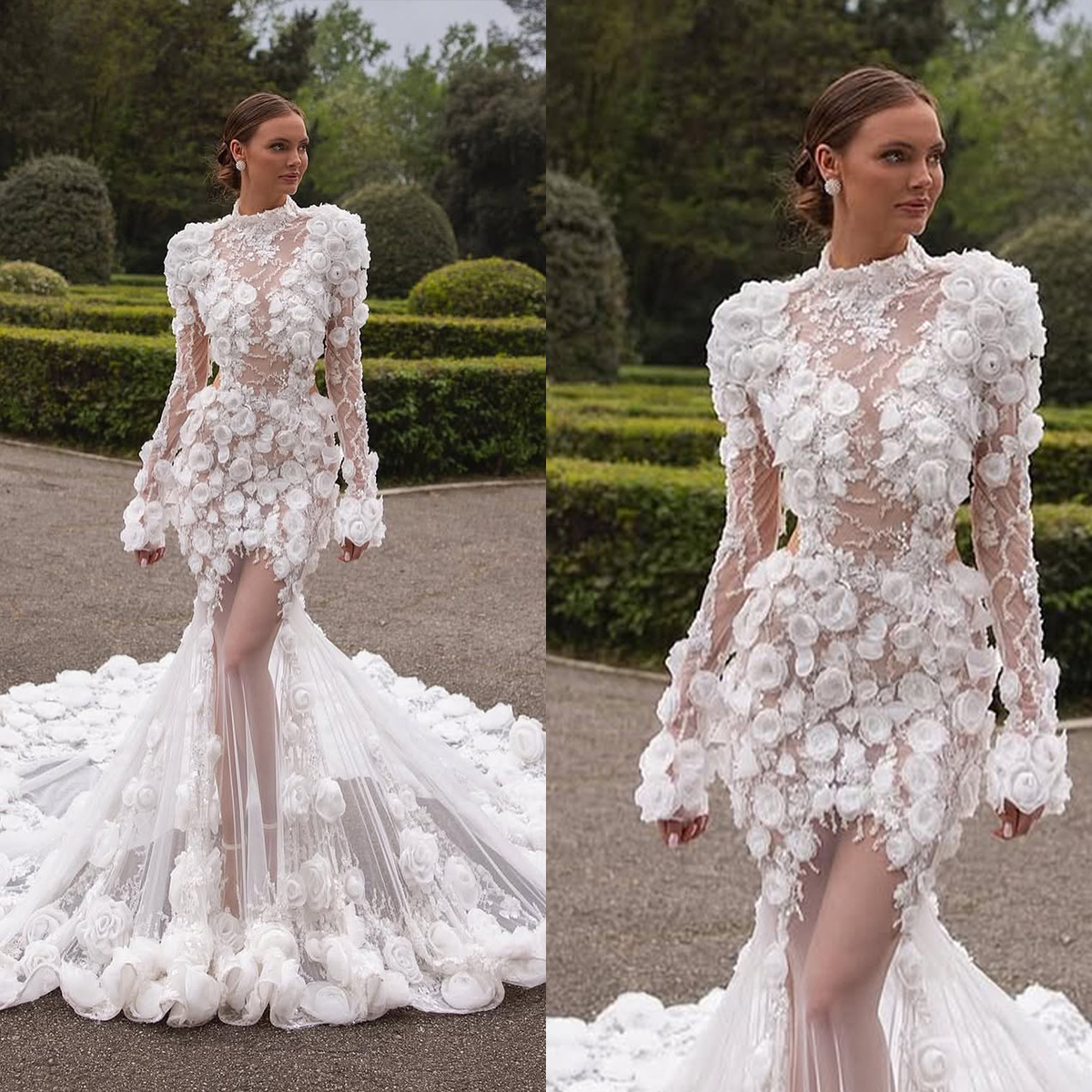 Romantic 3D Floral Flowers Wedding Dresses Appliques Bridal Gowns High Neck Long Sleeves Illusion Mermaid Customized Vestidos De Novia Plus Size