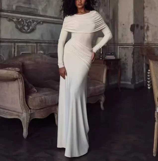 Womens Dresses Spring New Round Neck Long Sleeves Elegant Temperament Ruched Waist Cinching Skinny Evening long Dress Z250728