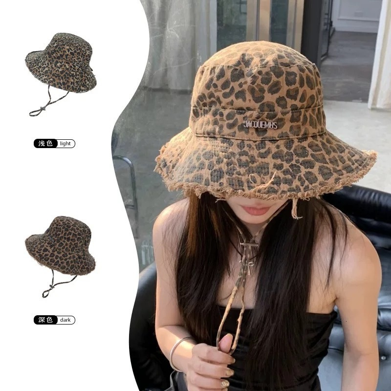 Brown Leopard Print Cowboy Bucket Hats with String Women Denim Beach Sun Hat Outdoor Panama Summer Fisherman Cap 250605