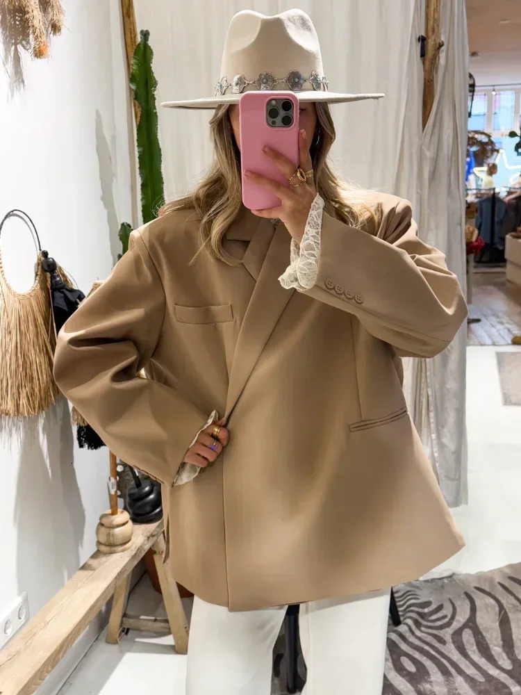 High Street Solid Blazers Women Loose Single Breasted Side Split Lapel Full Sleeve Coats Female Summer Fall Lady Outerwear 250728