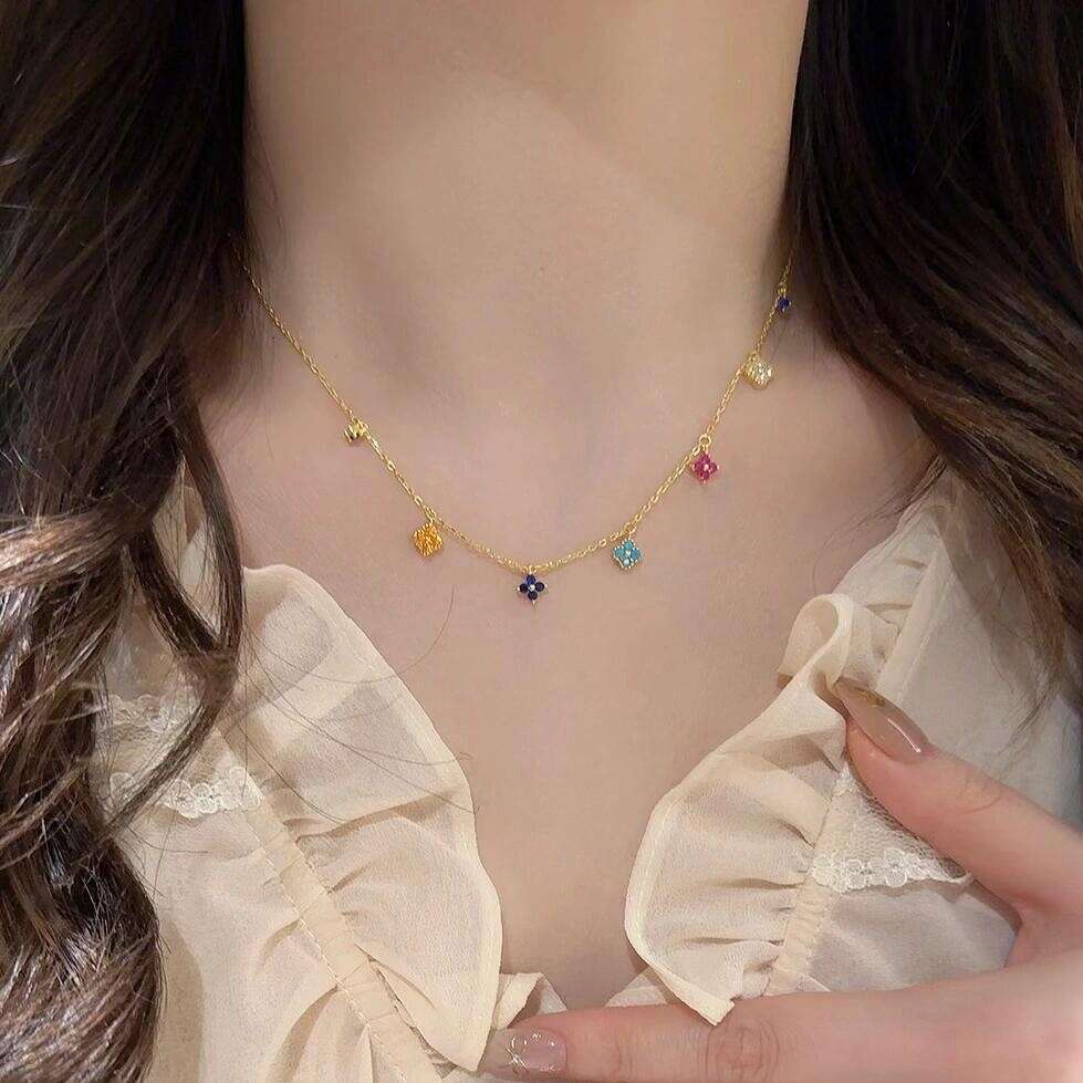 2025 New Jewelry Lucky Four-Leaf Flower Necklace Copper Material Zircon Exquisite Accessories High-End Light