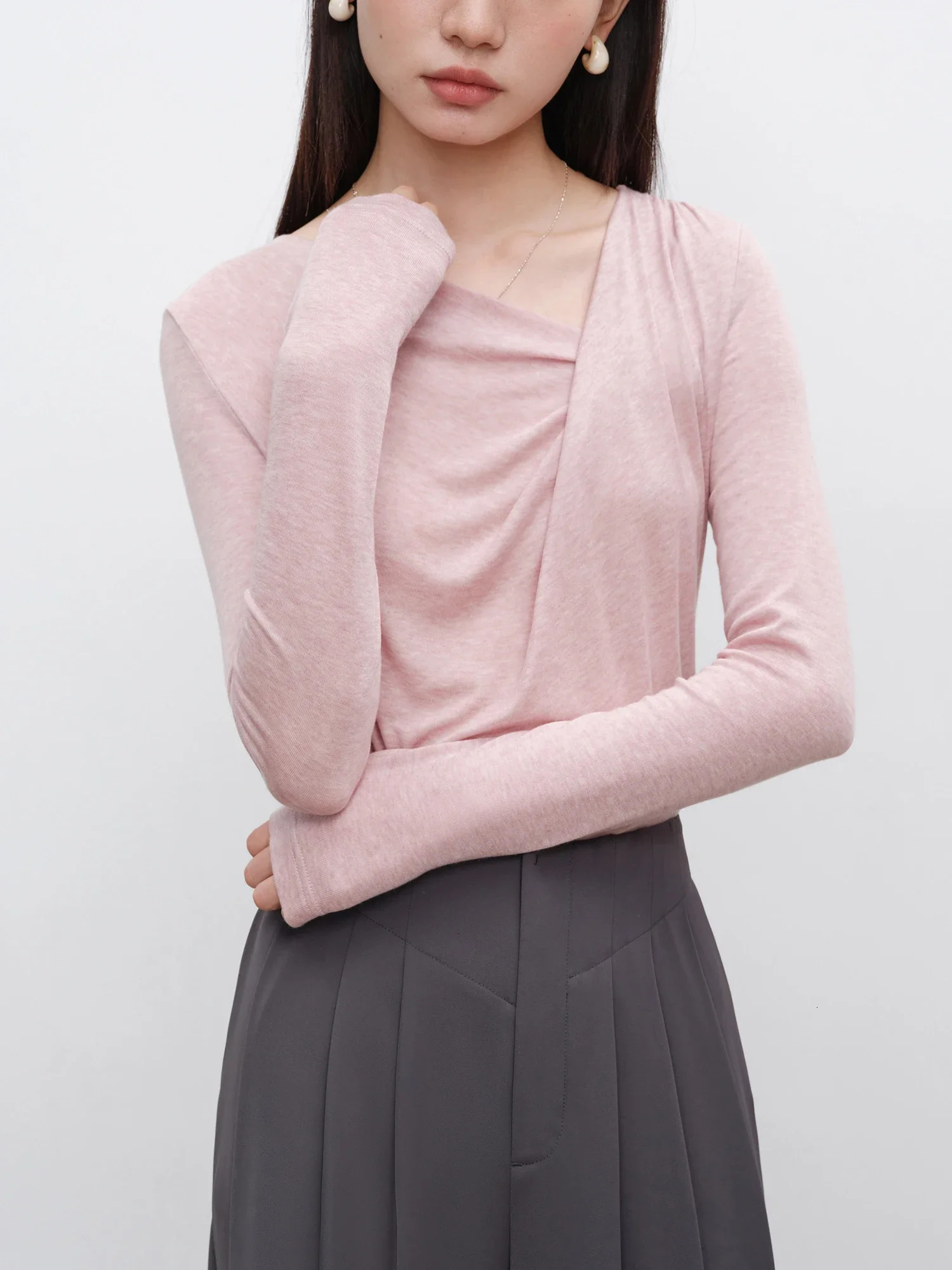 189% Wool Women Autumn Pink Gentle Slim Pullover Asymmetric Neckline Yellow Green Thin Sweater Long Sleeve Top 24ZQ93180 250728