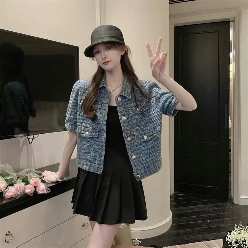 Womens Summer Fashion Retro Denim Short Sleeve Coat Ladies Loose Fit Jacket 250728