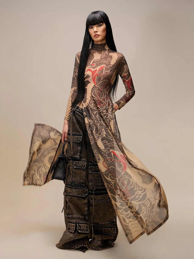 kliou Aesthetic Print Women Tshirts Hipster Autumn Stand Collar SuperLengthen Slim Tops for Mesh Thin Attractive Streetwear 250728