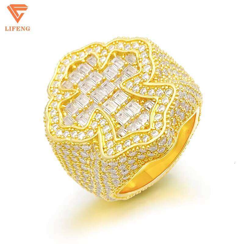 New Trendy Men's Sterling Sier Gold-Plated Baguette Cut Cross Ring VVS Moissanite Dia Custom Hip Hop