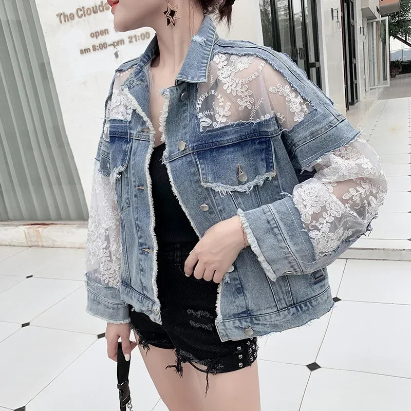 Cotton Denim Coat Women Lace Spring Autumn Ropa Cardigan Jeans Maxi Punk Gothic Bomber Jacket Windbreaker Y2k Jackets Korean 250728