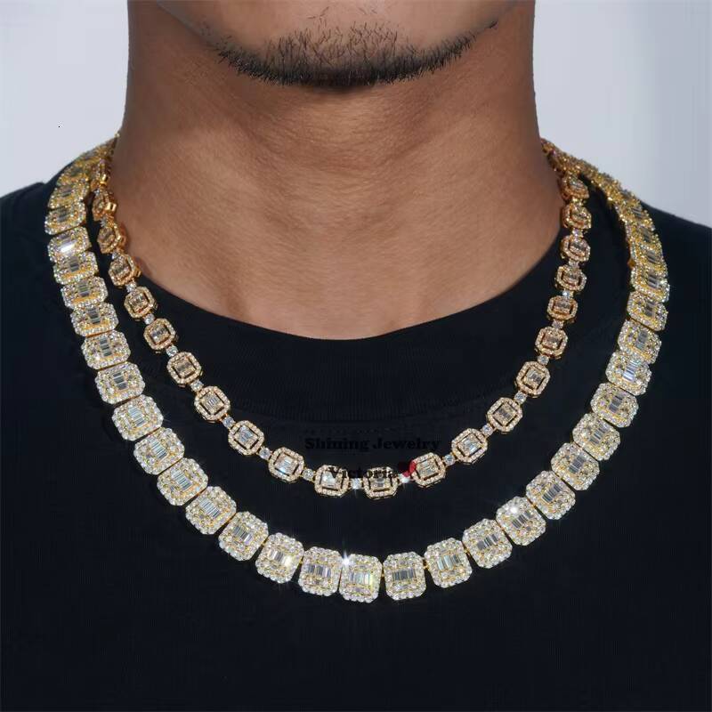 8MM Halo Diamond Style Iced Out Baguette Moissanite Diamond Iced OutTennis Link Chain Necklace