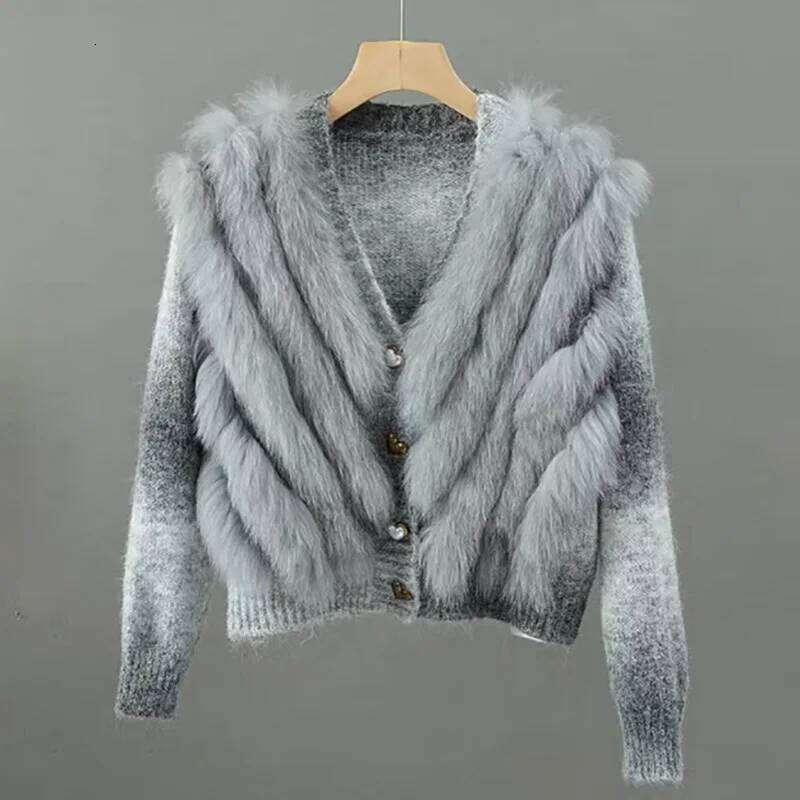 2024 New Autumn Knitted Sweater Cardigan With Real Fox Short Female V-Neck Natural Fur Stripe Cardigans Outwear
