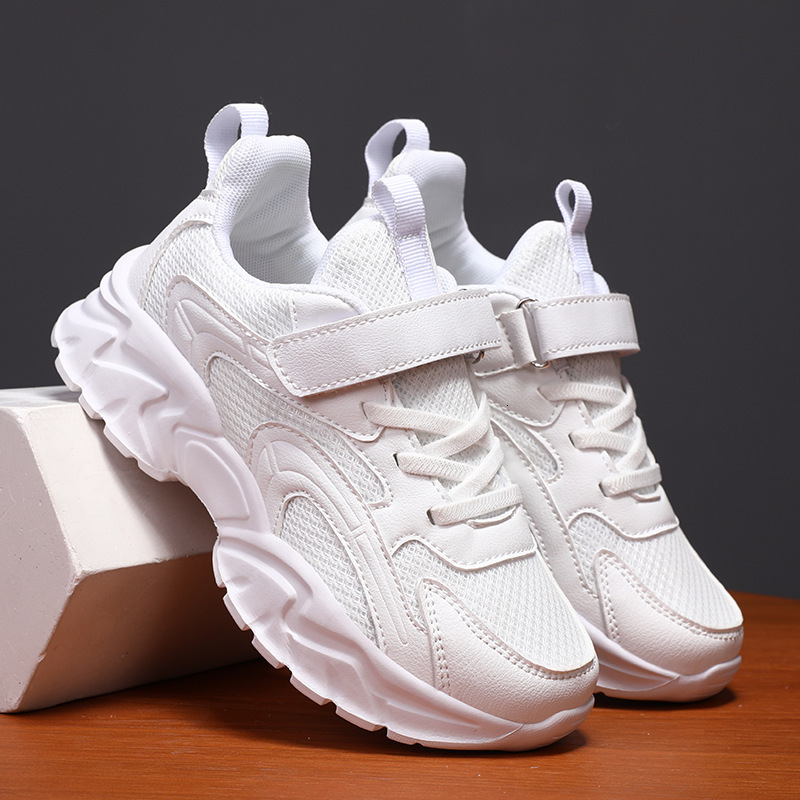Children's Sports Girls' Little White Running Shoes Leather Mesh Breathable Boys' Travel Student Sneakers
