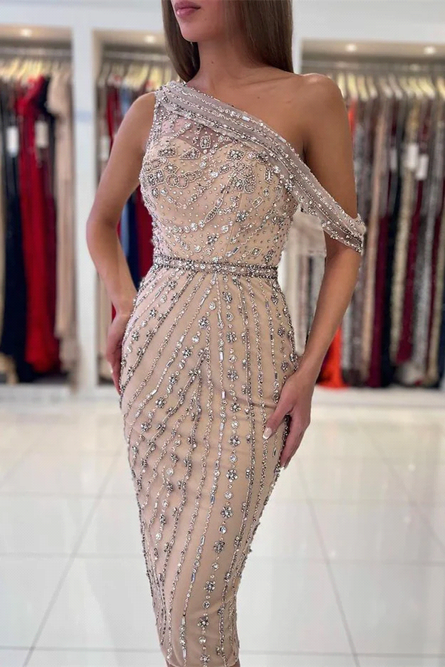 Sparkle Sequined Champagne Cocktail Dresses Elegant One Shoulder Sheath Sequins Mini Short Prom Evening Gowns Women Formal Party Homecoming Robes Bc16