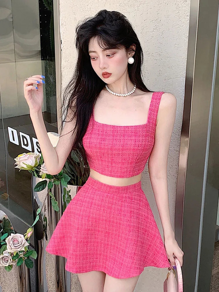 2 Piece Set Women Vest Crop Top Mini Skirt Sets Korean Sweet Summer Womens Outfits 250728