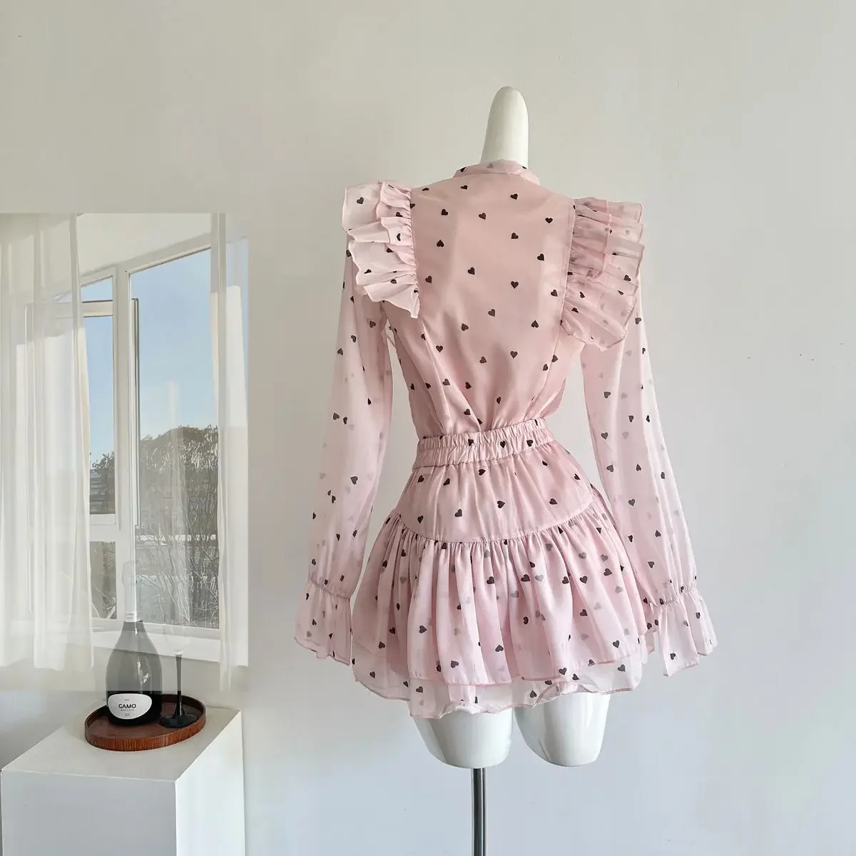 Korejpaa Two Piece Sets Women Dot Printed Bow Collar Ruffled Pink Shirtshigh Waist Slimming Mini Skirt Chic Blouse Skirts Suit 250724