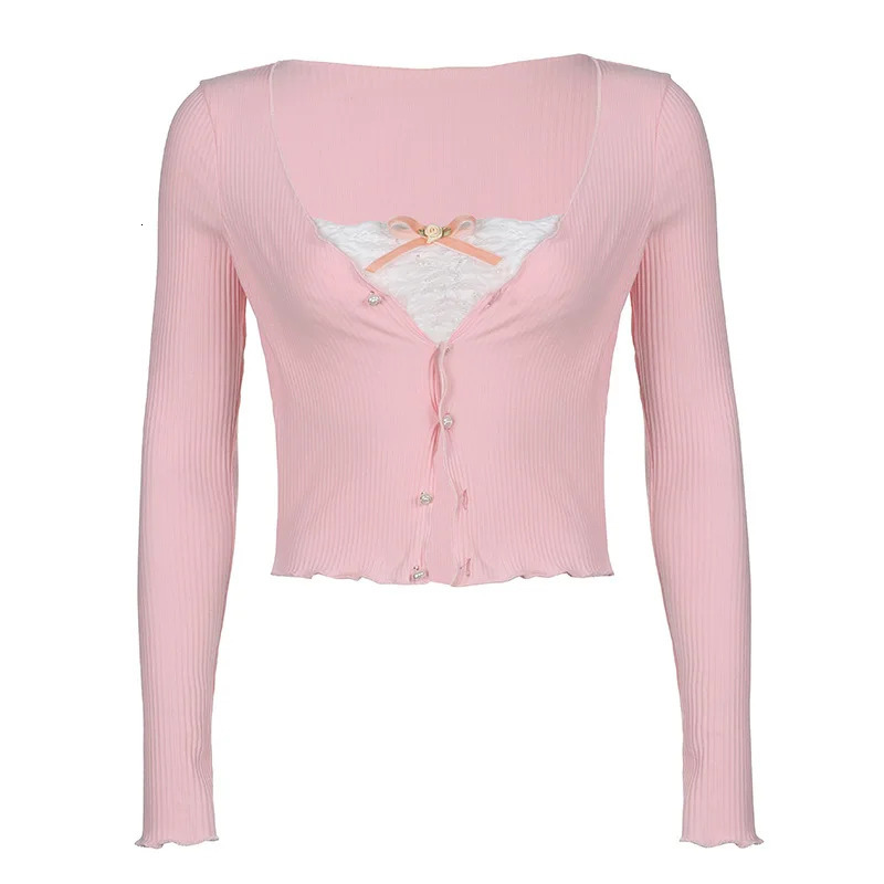 Sexy Tees Women Spring Pink VNeck Lace Long Sleeves Top Streetwear Fashion Button Elegant Casual Slim Female Tshirt 250728