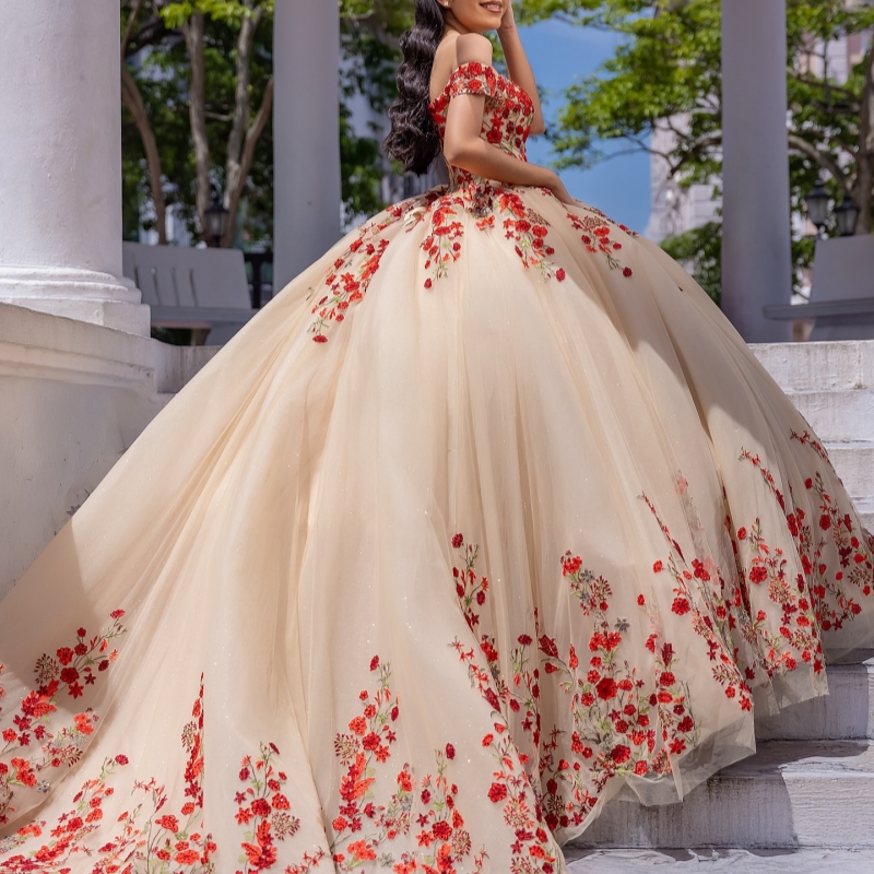 Champagne Quinceanera Dresses Ball Gown Off The Shoulder Applique Lace Tull Corset Party Birthday Sweet 16 Dress Vestidos 15 Anos