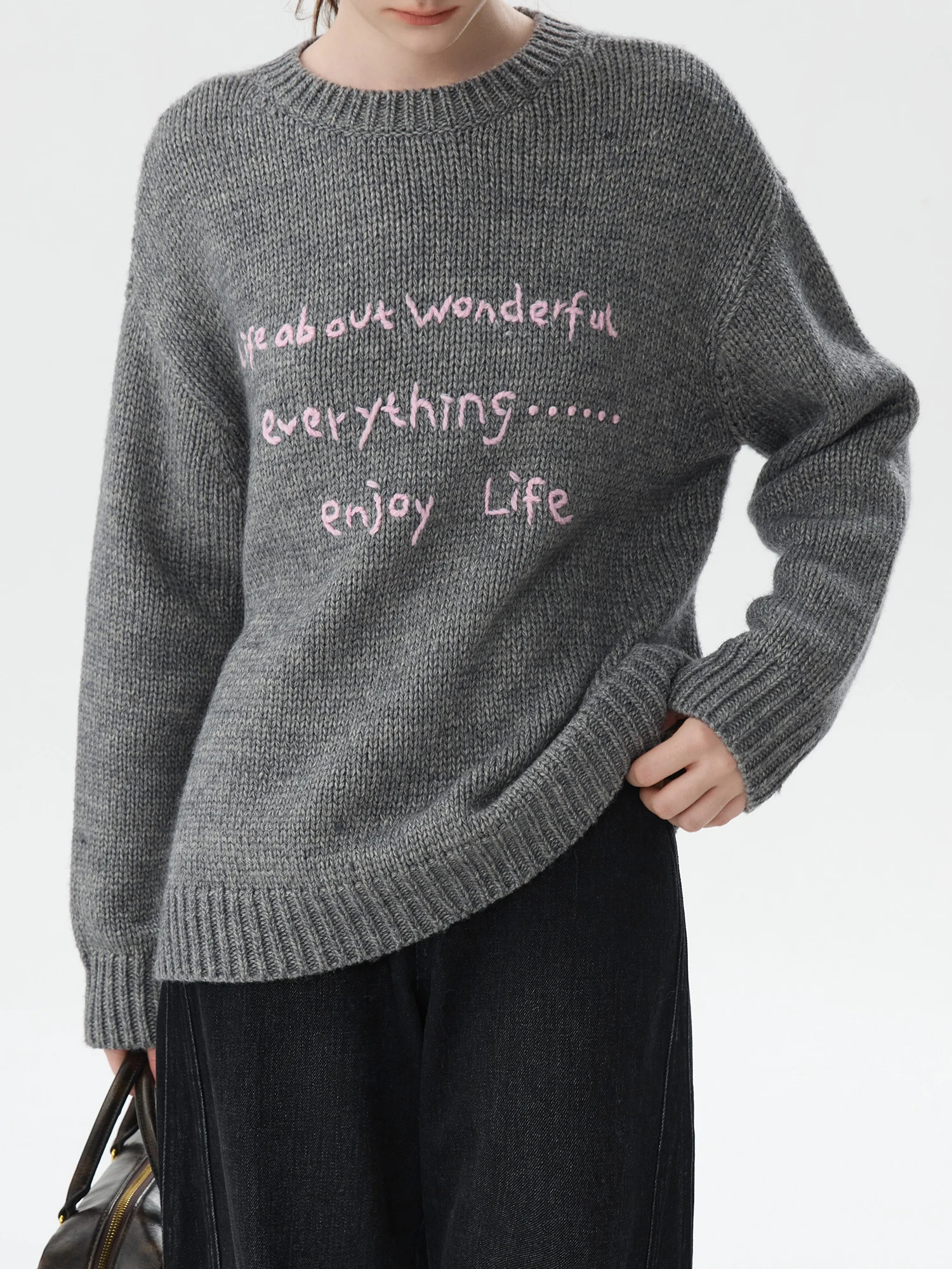 245% Wool Letter Embroidery Color Collision Loose Round Neck Knitted Sweater for Women Winter Pullover 24FS14250 250728
