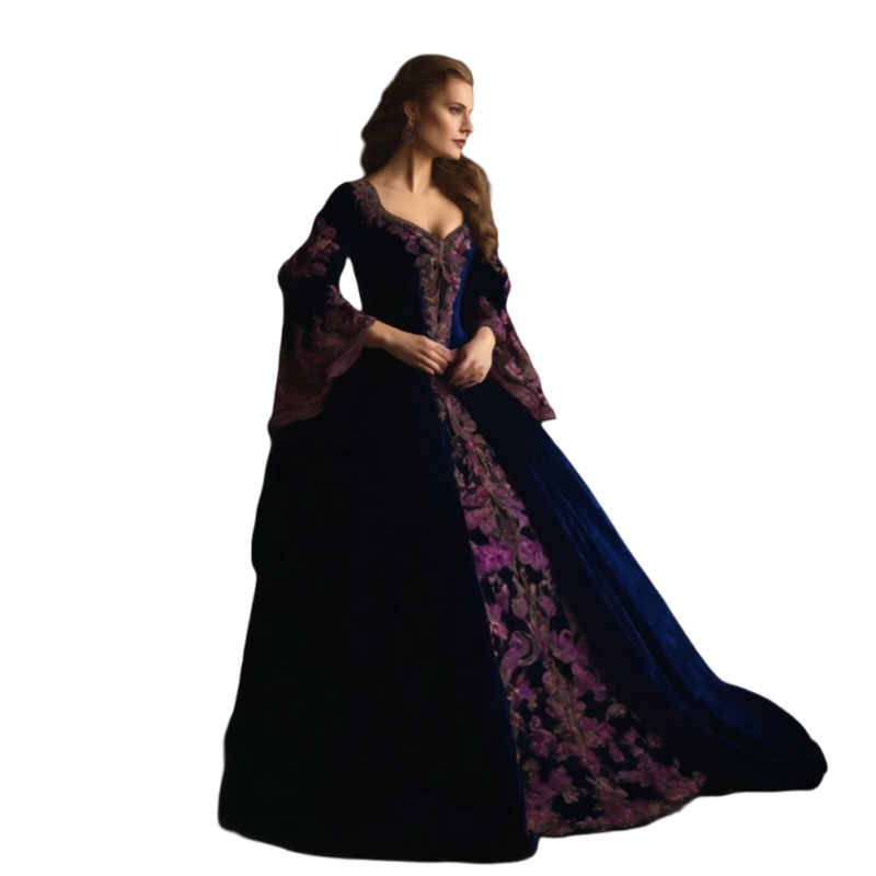 Historical Renaissance Prom Dresses Deep Midnight Blue Velvet Special Occasion Gown With Purple Lace Applique Flare Sleeves A-line Vintage Chic Evenin
