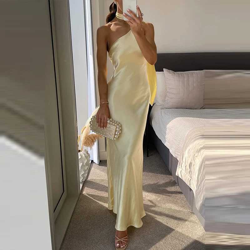 Women Simple Spring Banquet Slim Long Dress Sexy Skew Collar Sleeveless Party Dress Summer Solid Color Ribbon Boho Dresses Mujer Z250728