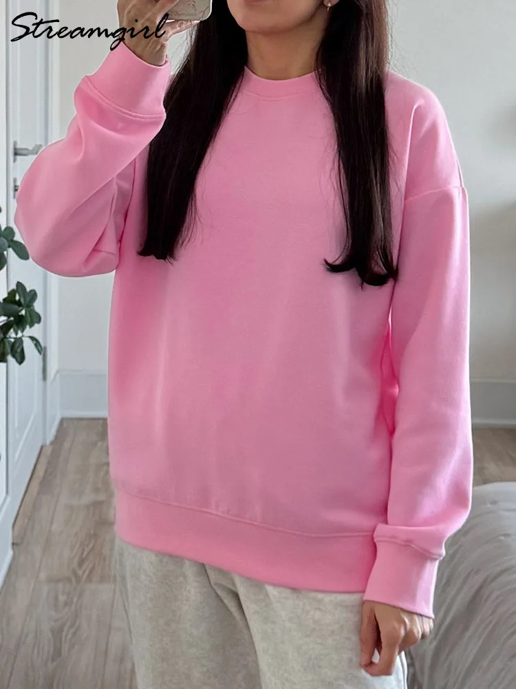 100% Cotton Sweatshirts for Women Oversized Autumn Long Sleeve Tops Basic Pink Hoodies Without Hood Loose O Neck Sweatshirt Women 250728
