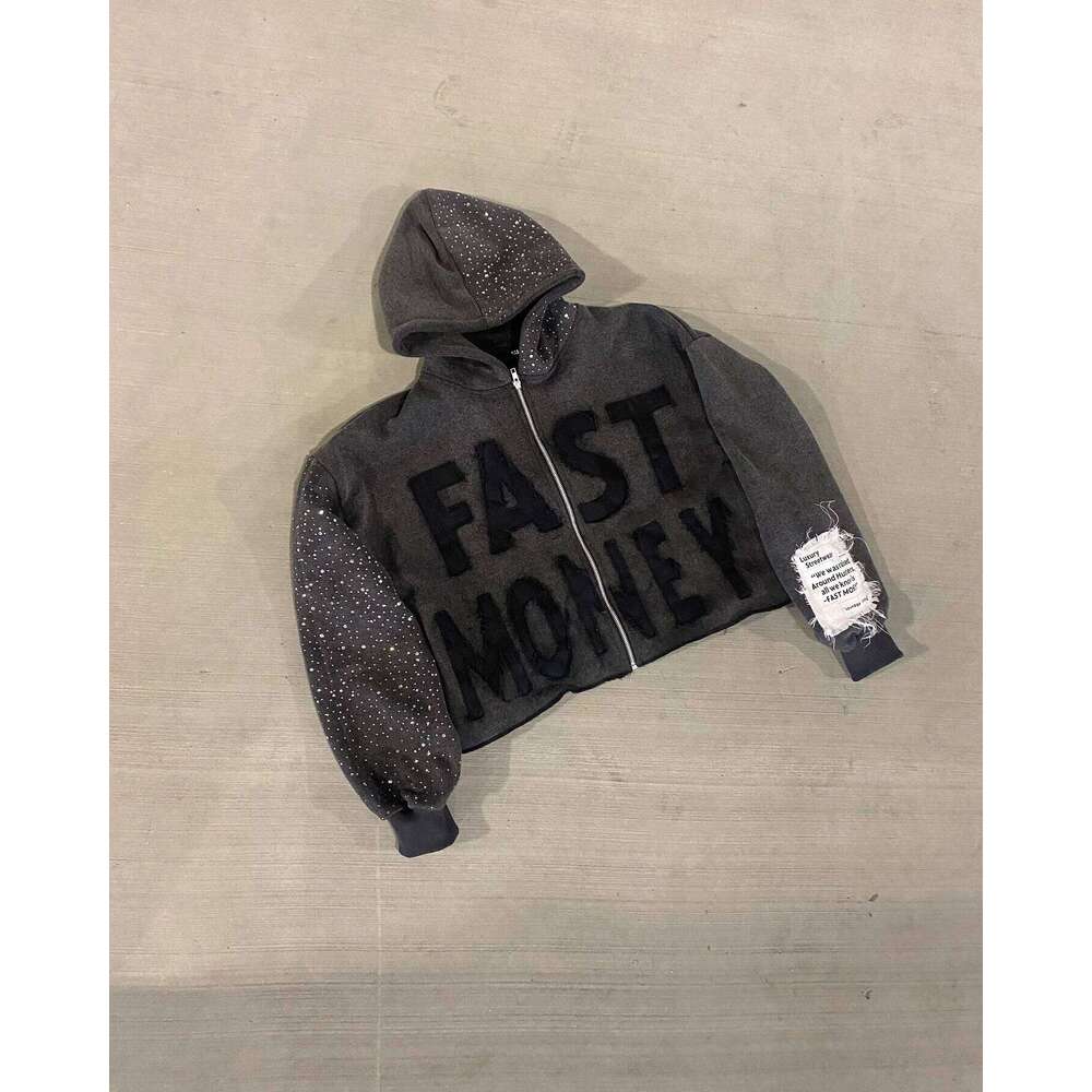 Designer Leisure High Quality FAST MONEY INVERSE Letter Patchwork Gothic Zipper Hoodie Black Loose Rhinestone Embroidery Crop Top Y2k Retro Street Swe