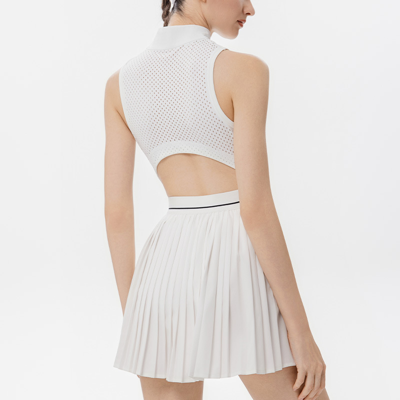 Women's Sports Dress Anti-Glare Front Zipper Tennis Dress Running Fitness Perforated Breathable Pleated Dress For Women
