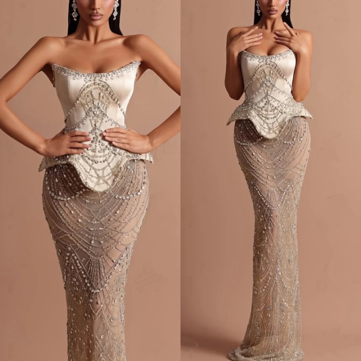 Stylish Wedding Dresses Crystal Strapless Bridal Gowns Rhinestone Sleeveless Illusion See Through Mermaid Customized Vestidos De Novia Plus Size
