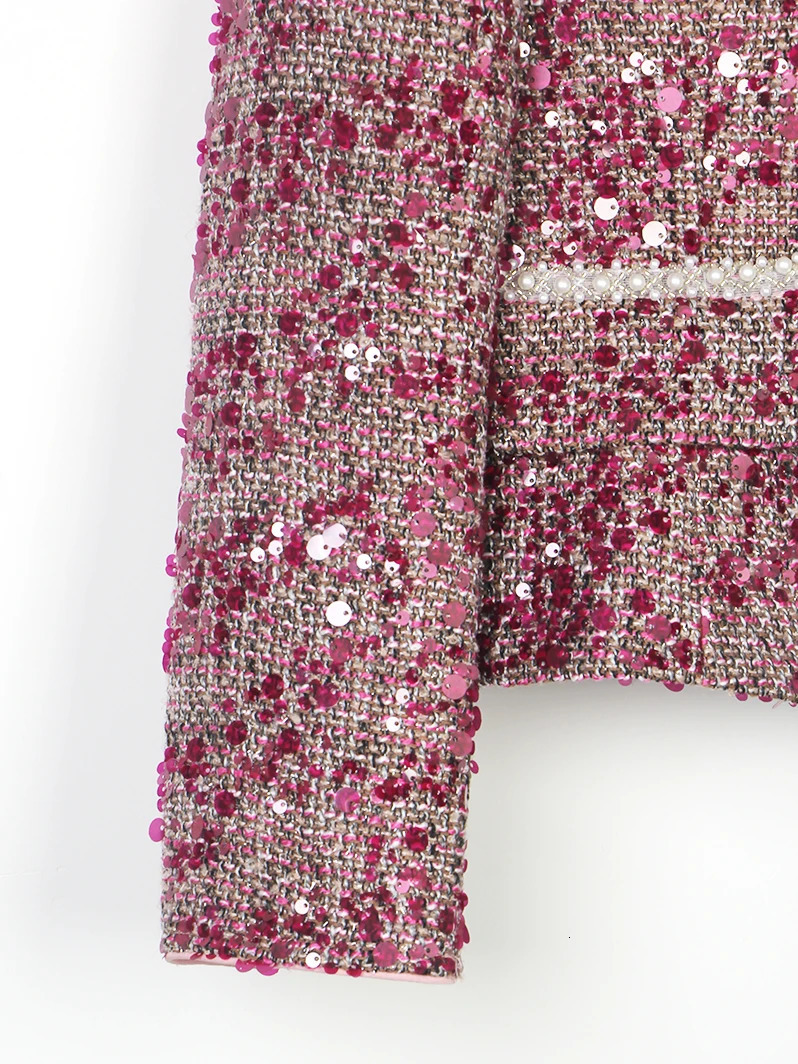 Style Elegant Light y Celebrity Bead Sequin Small Fragrance Tweed Round Neck SingleBreasted Jacket 250728