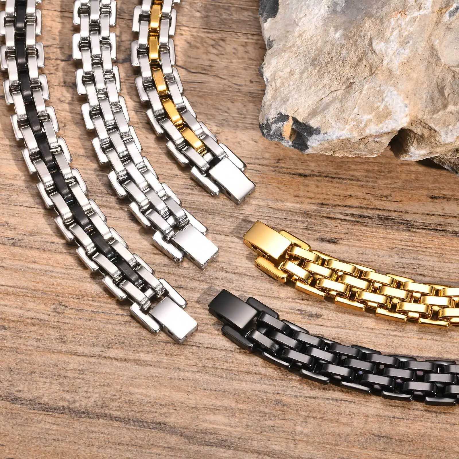 11mm Watchband Shaped Chain Bracelet for Men Teens Boys Chain Strap Bracelets Black Silver Color Stainless Steel Wristband W250728