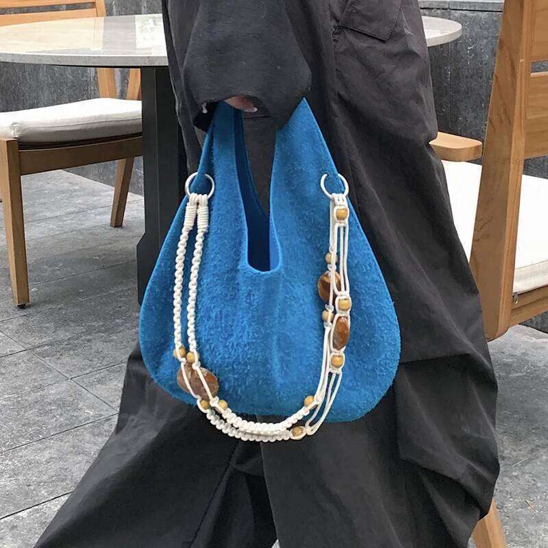 2026 Autumn Collection Beads Straps Women Crossbody Bag Triangle Advanced Feeling Basket Tote Suede Cow Leather Handbag