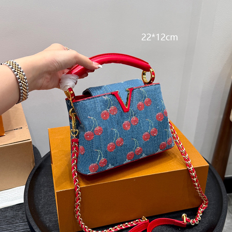 Small Cherry Designer Bag For Women Fashion Cute Tote Bag With Chain And One Strap Denim Or Leather Luxury Shoulder Bags