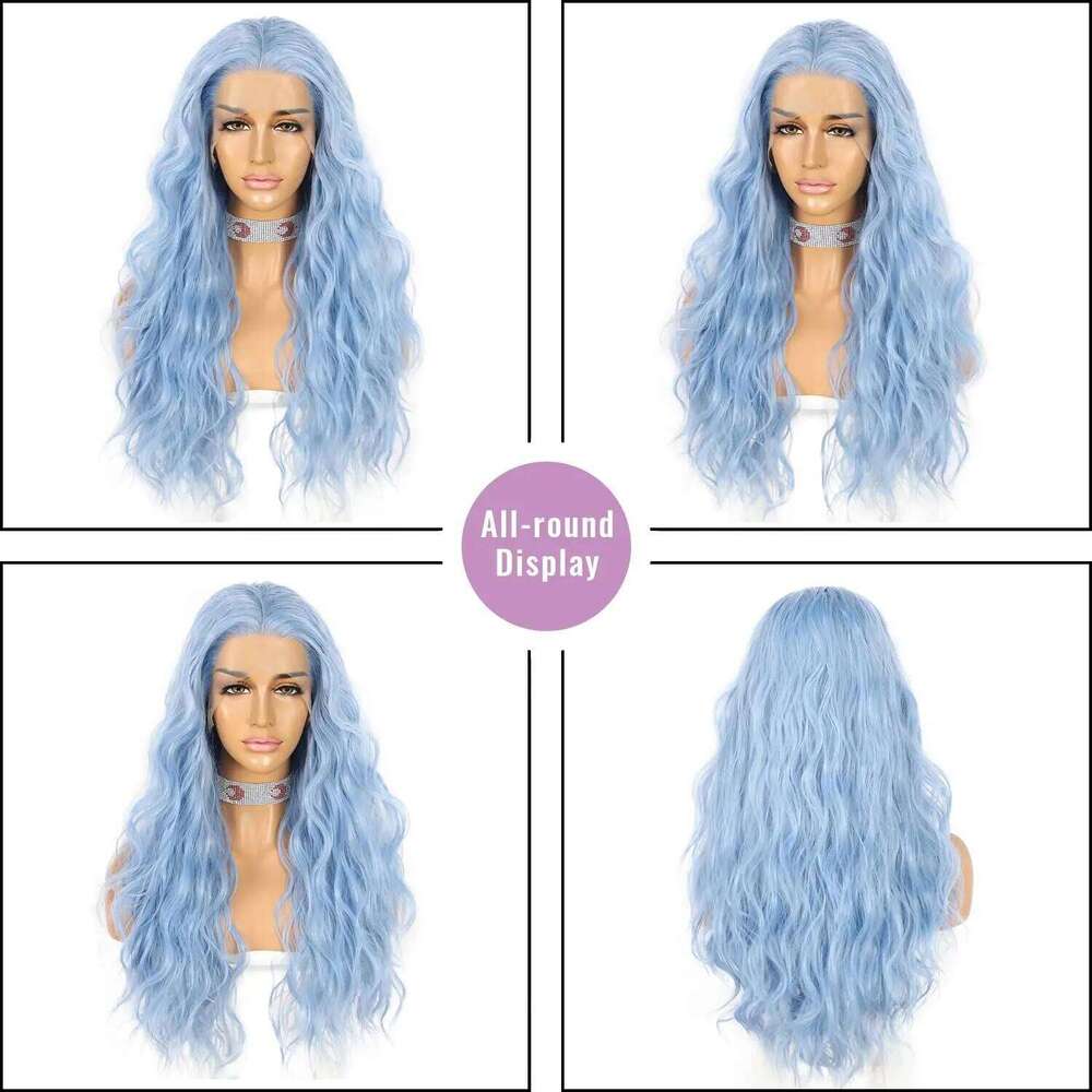 Wavy Lace Front Long Curly Ice Blue Wigs For Women Synthetic Heat Human Hair Daily Cosplay Wig