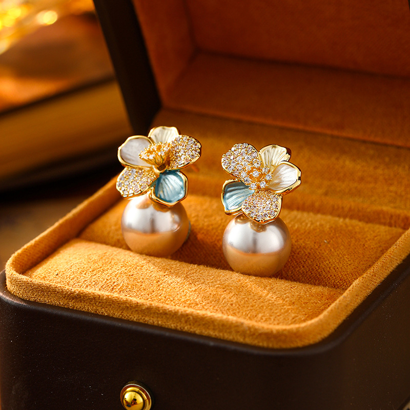 Elegant Design Ball Pearl Camellia Flower Drop Earrings for Women 14K Real Gold Plated Cubic Zirconia Pearl Charm Earrings Luxurious Fine Earrings Jew