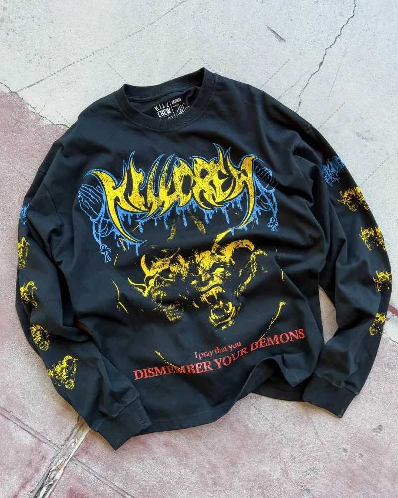 2025 Street Fashion Retro Hoodie Y2k Harajuku Devil Pattern Top European and American Gothic Punk Extra Large Mens Sportswear W250408