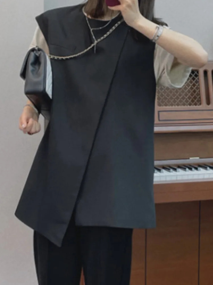 LANMREM Korean Vest Coat For Women Round Neck Sleeveless ner Irregular Solid Coats Female Clothing 2YA3562 250709